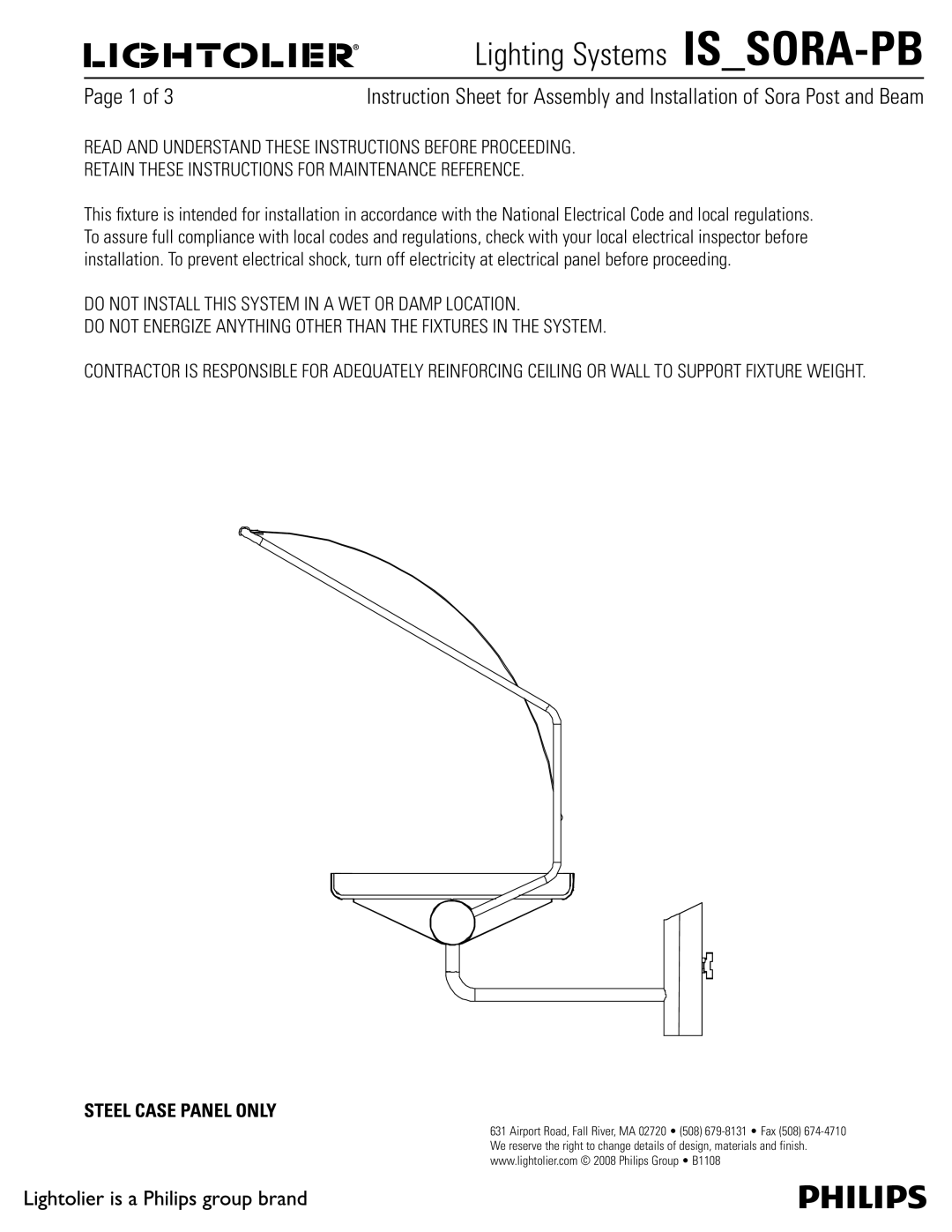 Lightolier IS_SORA-PB manual Lighting Systems ISSORA-PB, Steel Case Panel only 