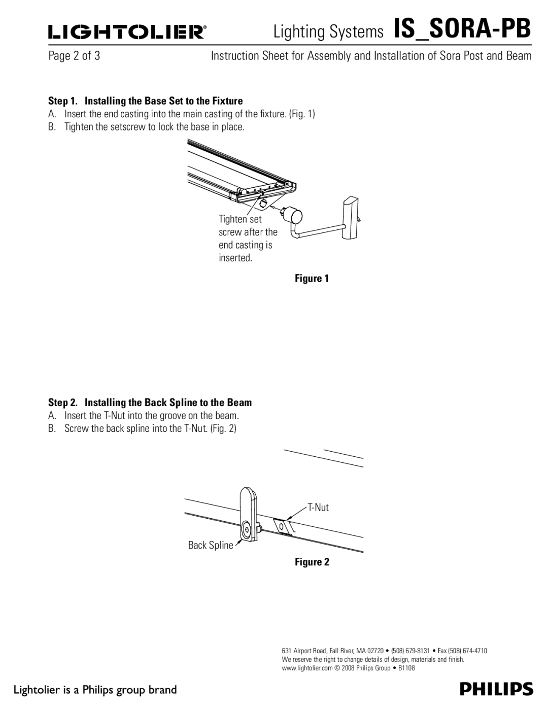 Lightolier IS_SORA-PB Installing the Base Set to the Fixture, Installing the Back Spline to the Beam, Nut Back Spline 