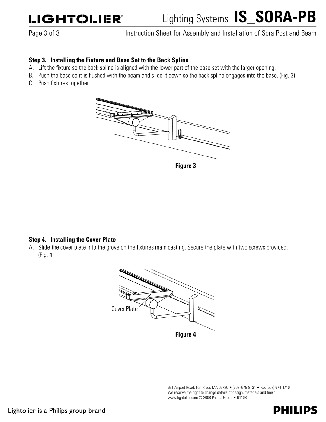 Lightolier IS_SORA-PB manual Installing the Fixture and Base Set to the Back Spline, Installing the Cover Plate 
