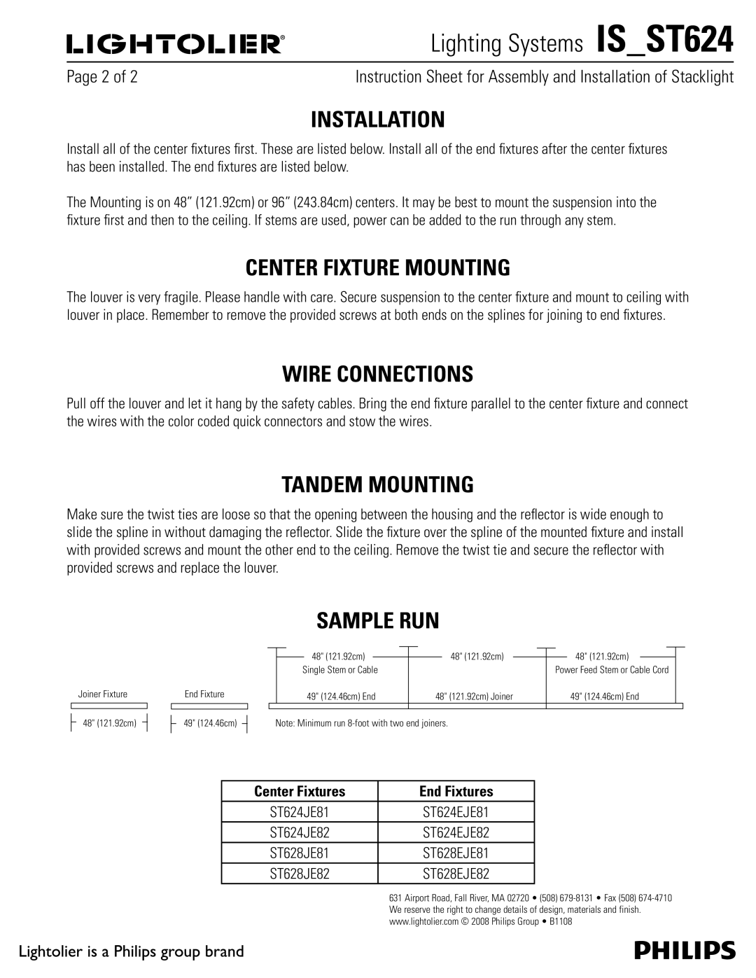 Lightolier IS_ST624 manual Installation, Center Fixture Mounting, Wire Connections, Tandem Mounting, Sample RUN 