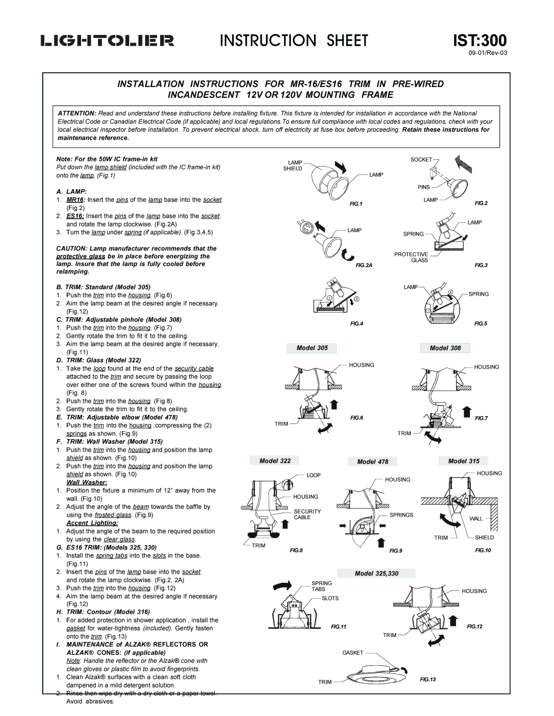 Lightolier IS:T300 instruction sheet Relamping Trim Standard Model, Trim Adjustable pinhole Model, Model Trim Glass Model 