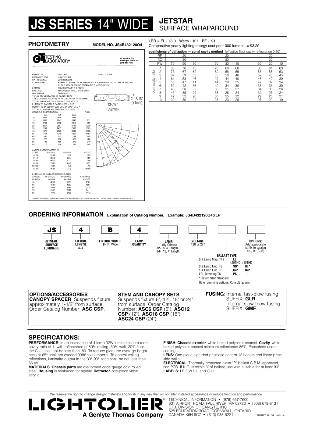 Lightolier JS Series dimensions Photometry, Specifications 