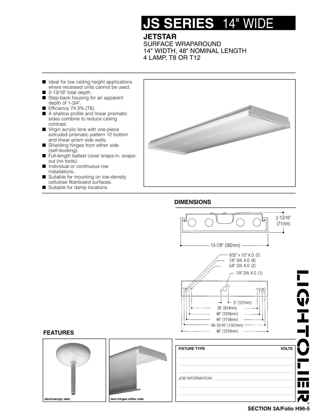 Lightolier JS Series dimensions Jetstar, Dimensions, Features, JS SERIES 14 WIDE, Surface Wraparound, A/Folio H96-5 