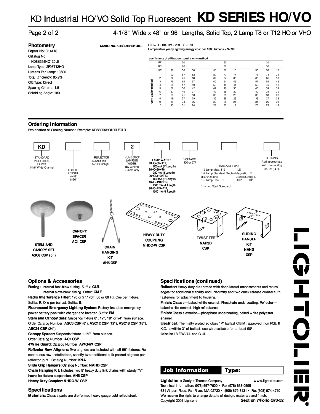 Lightolier KD SERIES VO Page 2 of, Photometry, Ordering Information, Options & Accessories, Speciﬁcations, Job Information 