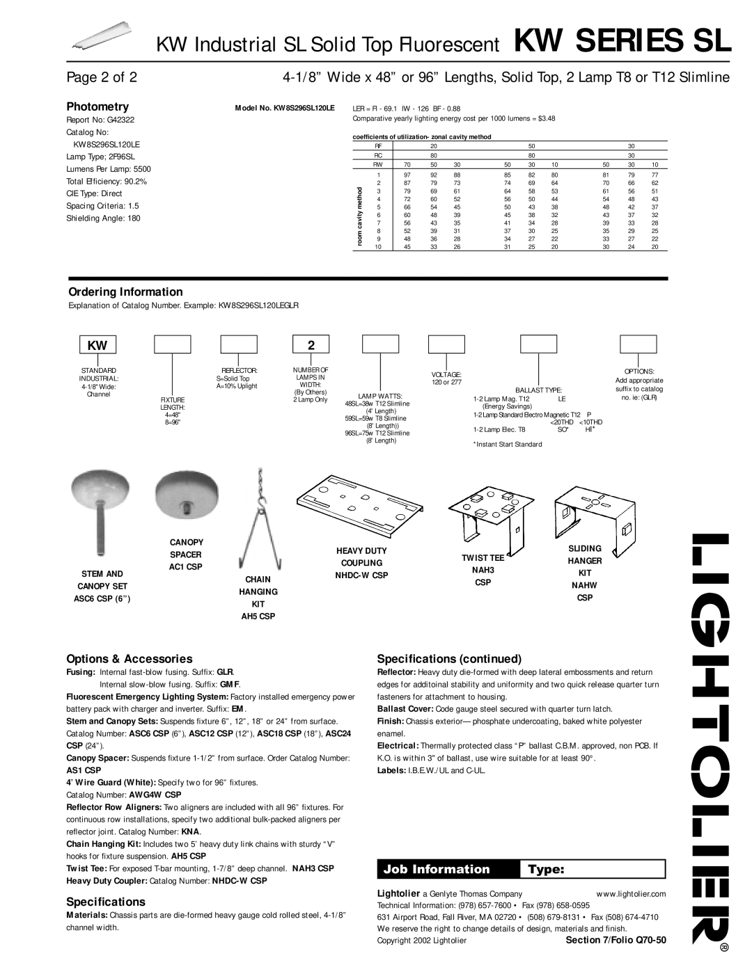 Lightolier KW8S296SL120LE Photometry, Ordering Information, Options & Accessories, Speciﬁcations, Job Information Type 