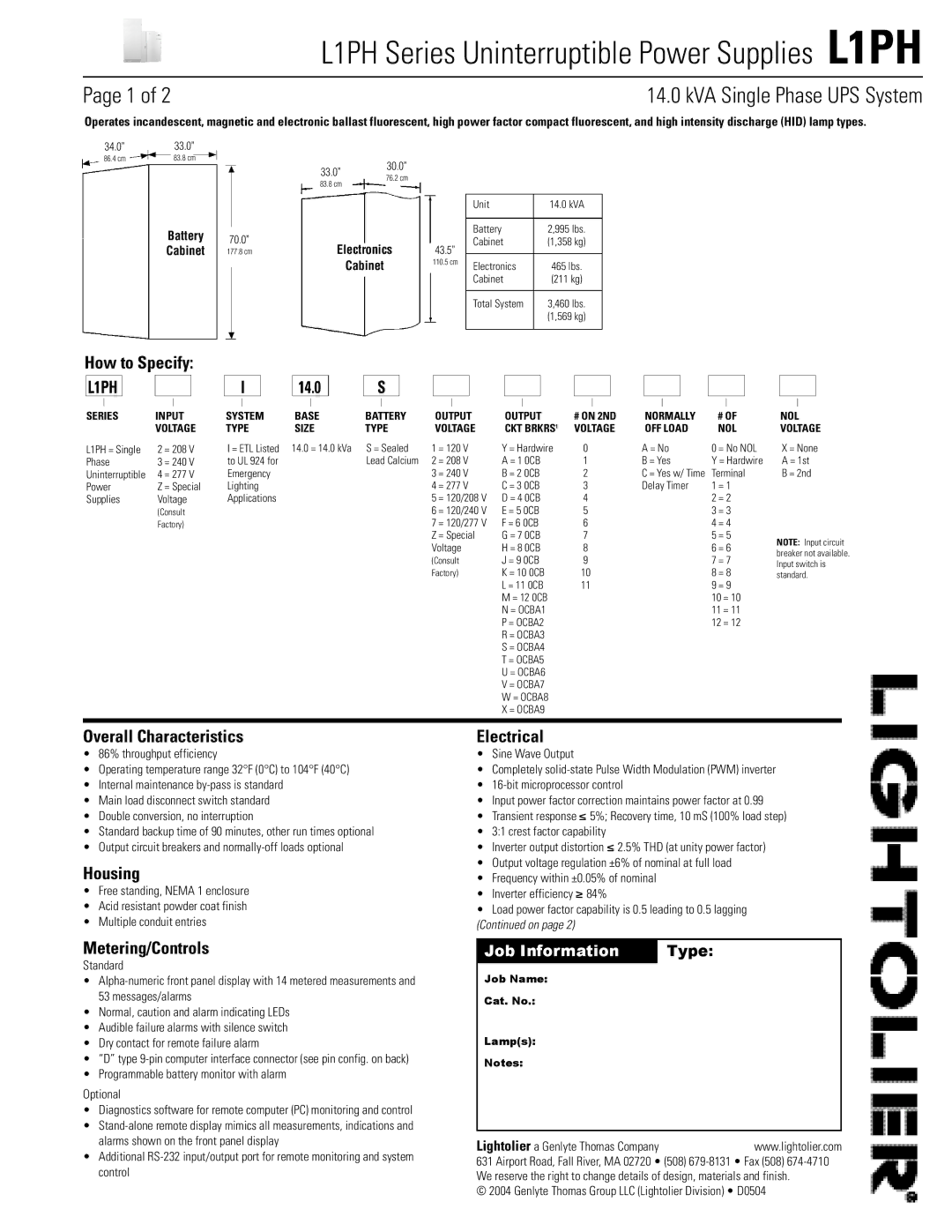 Lightolier L1PH Series manual How to Specify, Overall Characteristics, Housing, Metering/Controls, Electrical 