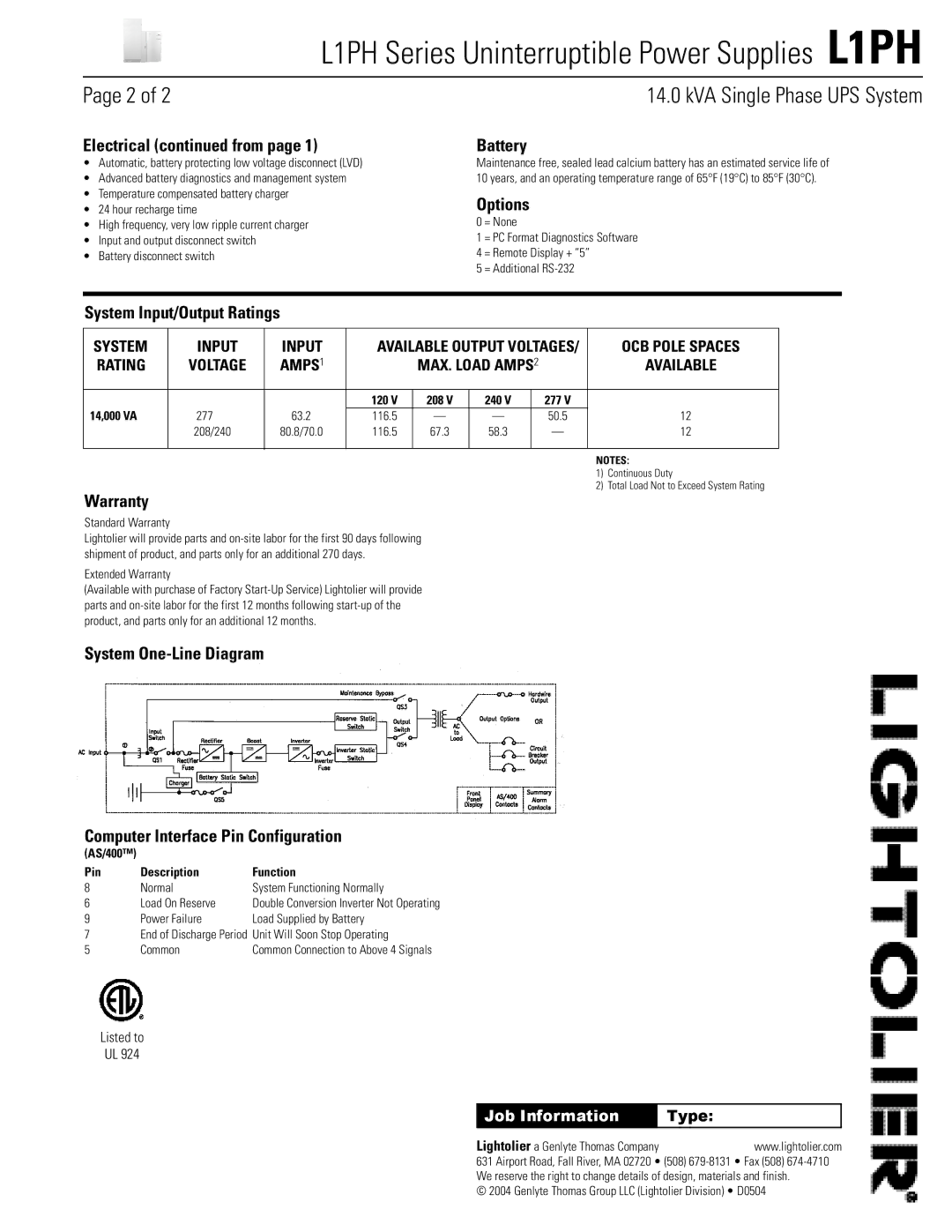 Lightolier L1PH Series manual Electrical from, Battery, Options, System Input/Output Ratings, Warranty 