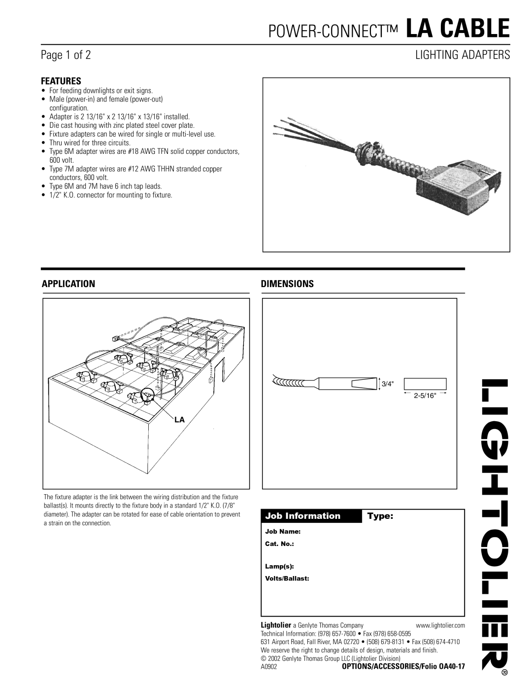 Lightolier La Cable dimensions Features, Application Dimensions, Job Information Type 