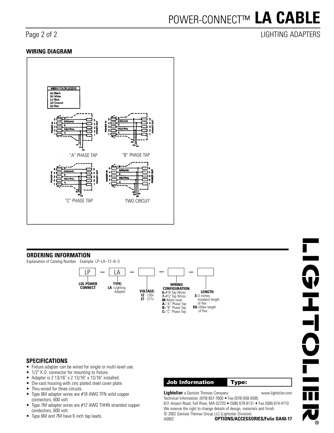 Lightolier La Cable dimensions Wiring Diagram, Ordering Information, Specifications, Job Information 