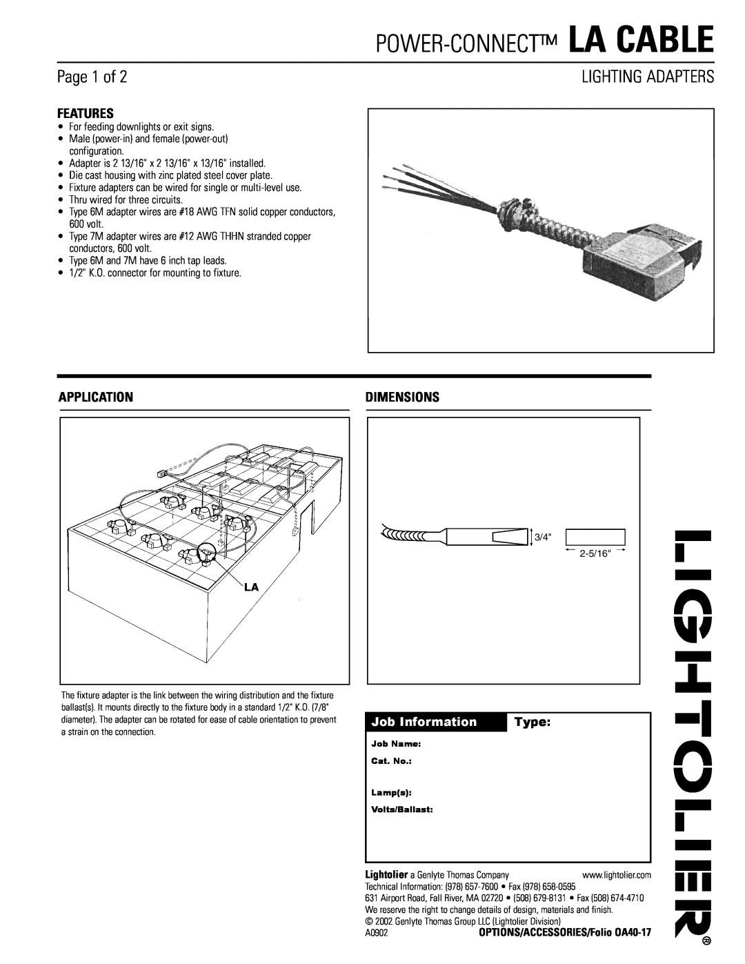 Lightolier dimensions Power-Connect La Cable, Page 1 of, Features, Application, Dimensions, Lighting Adapters, Type 