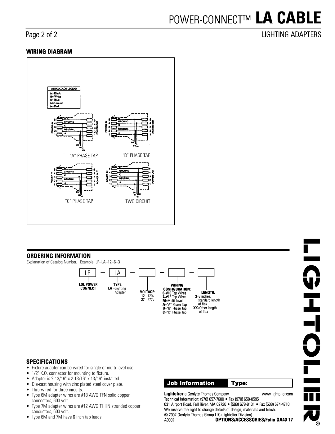 Lightolier Page 2 of, Wiring Diagram, Ordering Information, Specifications, Power-Connect La Cable, Lighting Adapters 