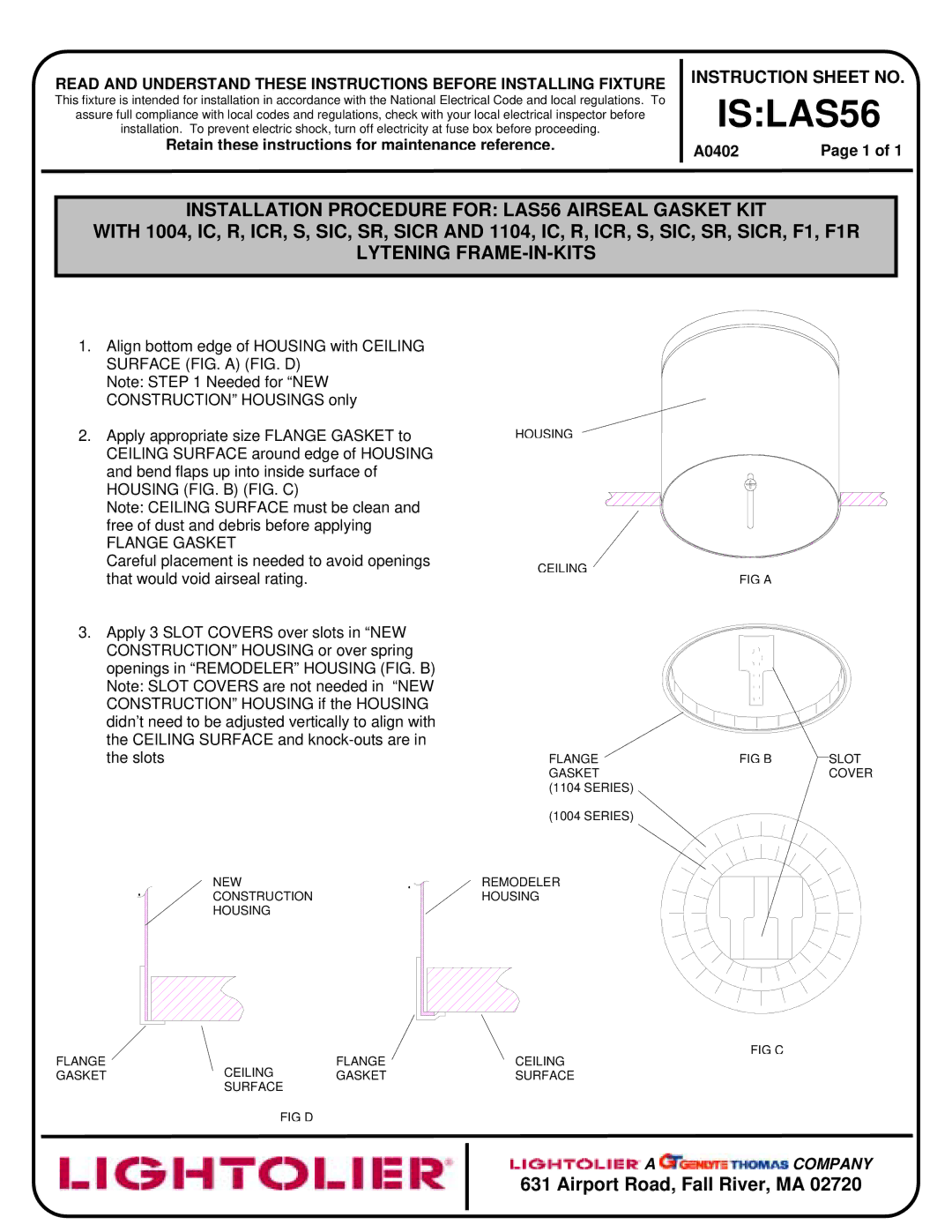 Lightolier instruction sheet ISLAS56, Installation Procedure for LAS56 Airseal Gasket KIT, Lytening FRAME-IN-KITS 