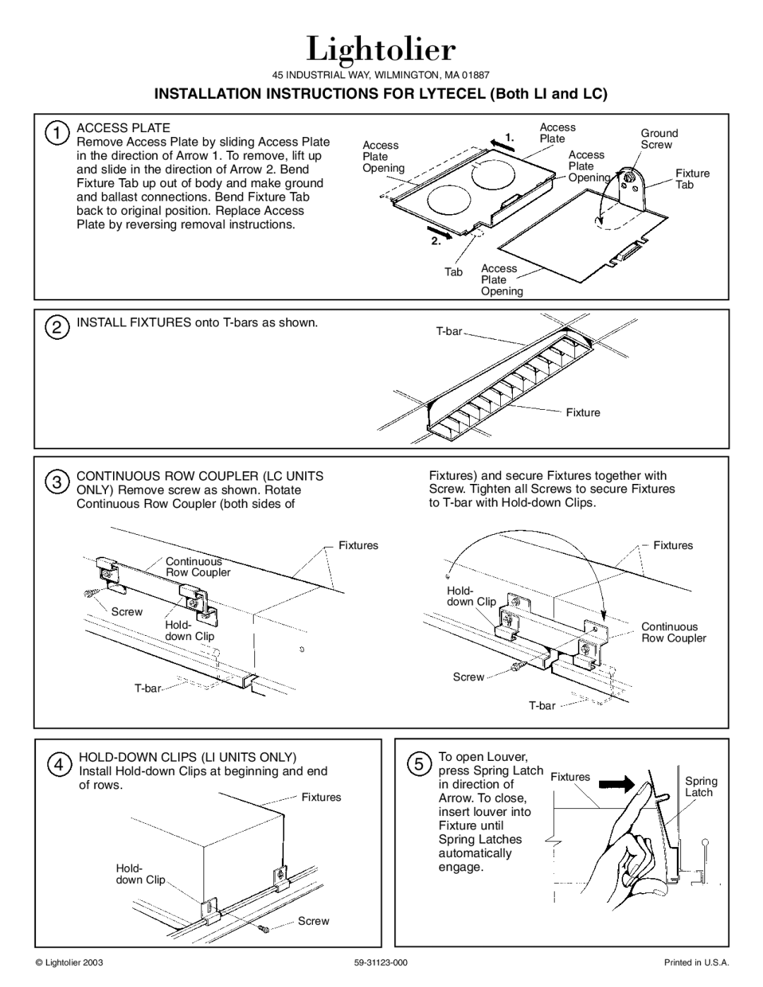 Lightolier L1 installation instructions Lightolier, Installation Instructions for Lytecel Both LI and LC, Access Plate 