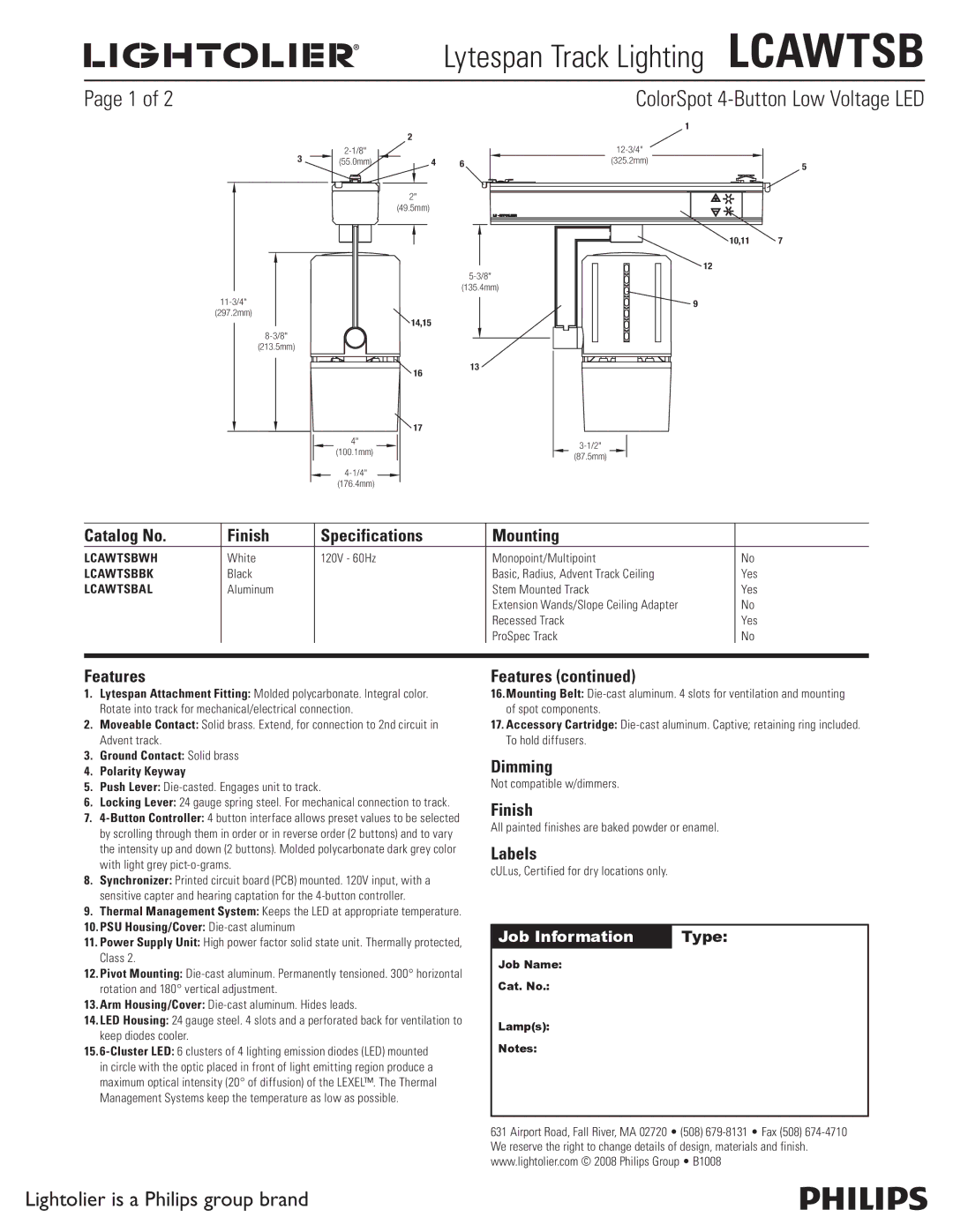 Lightolier LCAWTSB specifications Catalog No Finish Specifications Mounting, Features, Dimming, Labels 