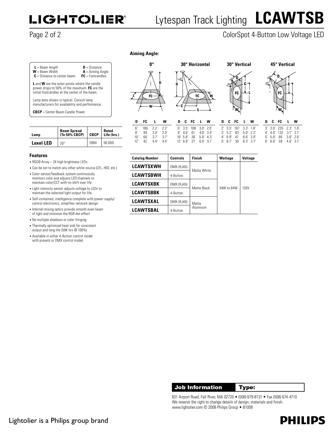 Lightolier LCAWTSB specifications Aiming Angle, Lexel LED, Features, Horizontal Vertical 