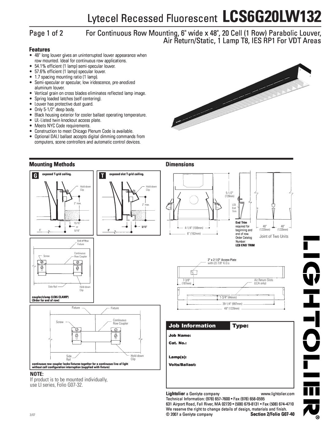 Lightolier dimensions Lytecel Recessed Fluorescent LCS6G20LW132, Features, Mounting Methods, Dimensions, Type 