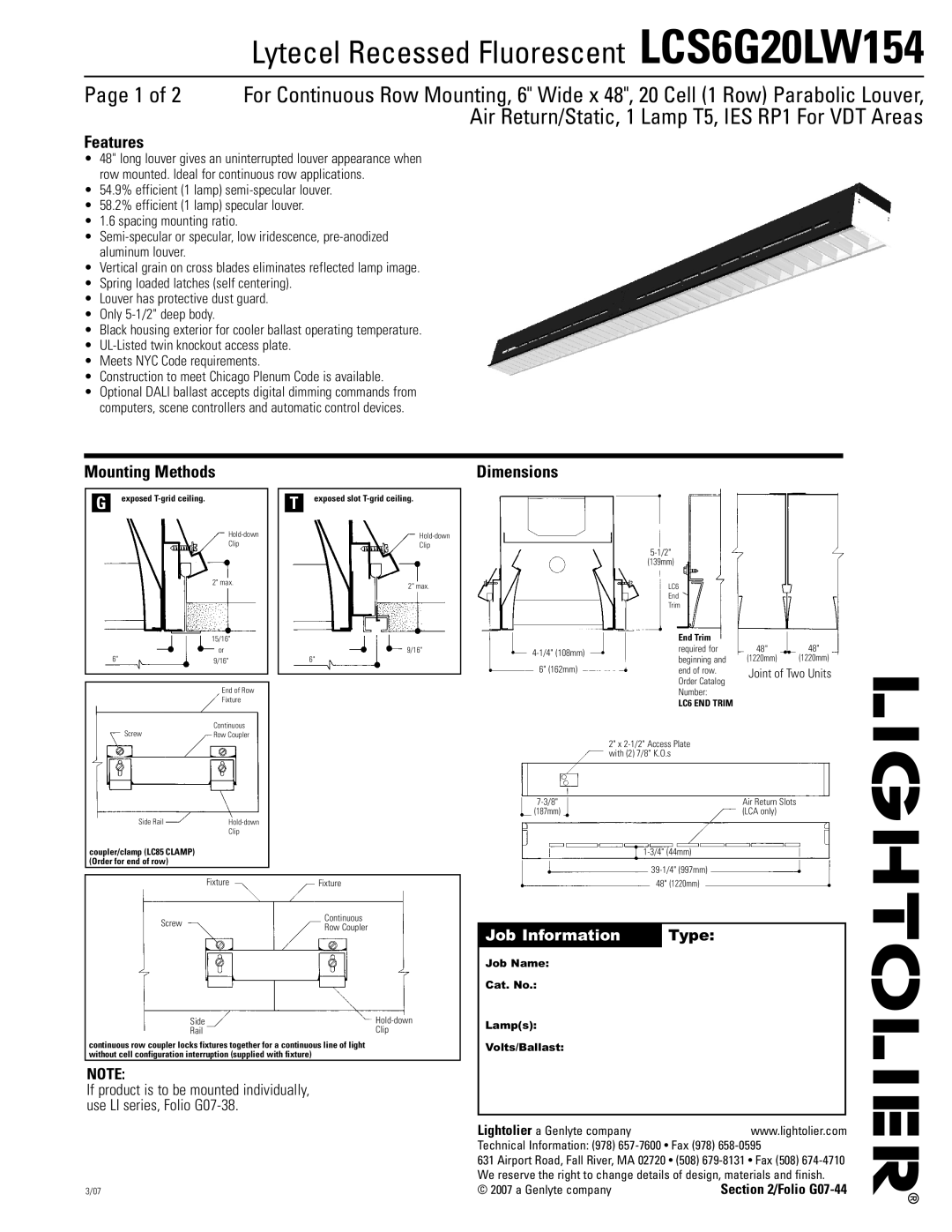 Lightolier LCS6G20LW154 dimensions Features, Mounting Methods Dimensions, LC6 END Trim 