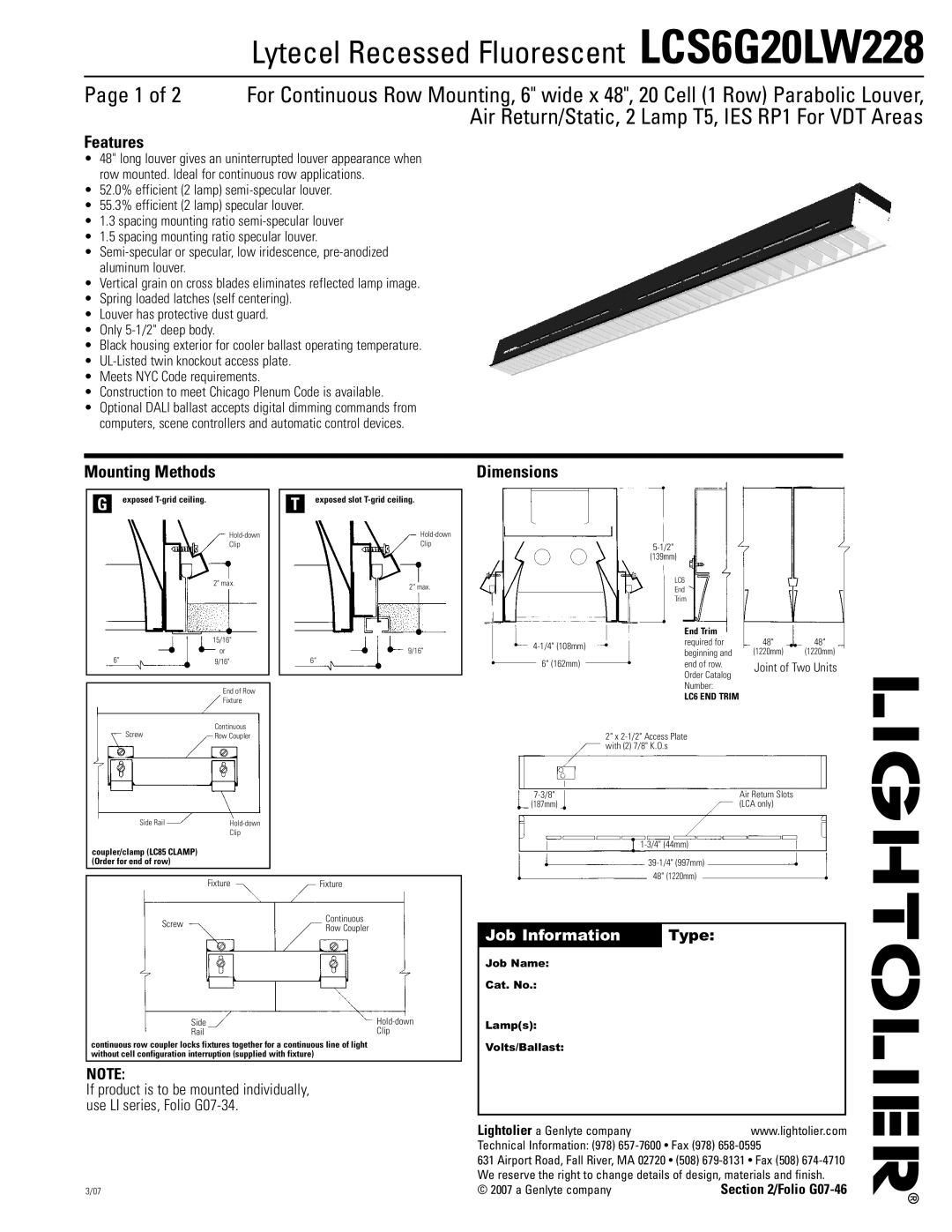 Lightolier LCS6G20LW228 dimensions Features, Mounting Methods Dimensions, Exposed T-grid ceiling, End Trim 