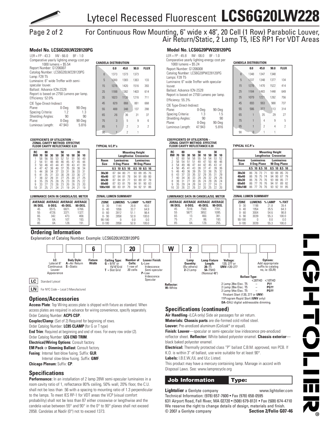 Lightolier LCS6G20LW228 dimensions Ordering Information, Options/Accessories, Specifications 