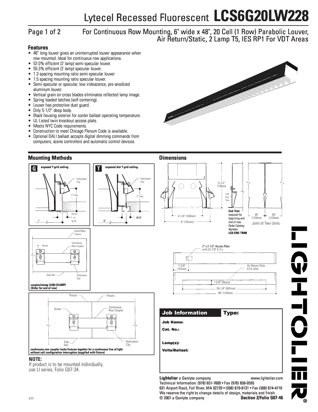 Lightolier dimensions Lytecel Recessed Fluorescent LCS6G20LW228, Features, Mounting Methods, Dimensions, Type 
