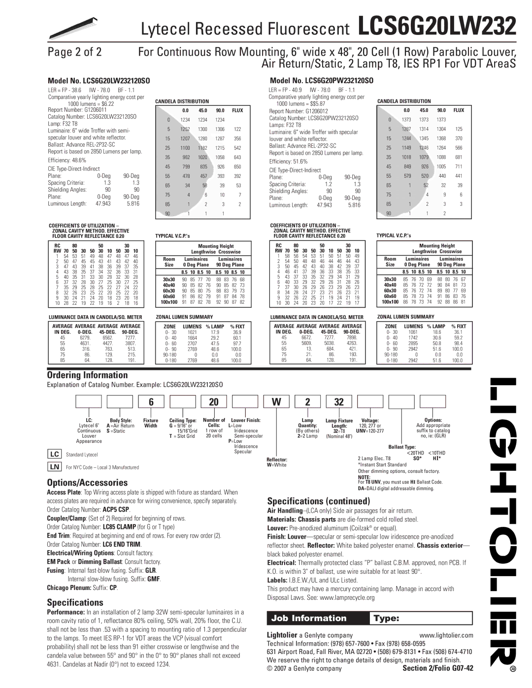 Lightolier LCS6G20LW232 dimensions Ordering Information, Options/Accessories, Specifications 