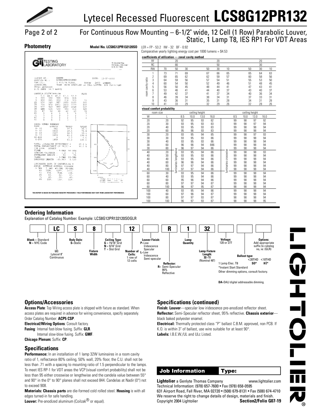 Lightolier LCS8G12PR132 dimensions Photometry, Ordering Information, Options/Accessories, Specifications 