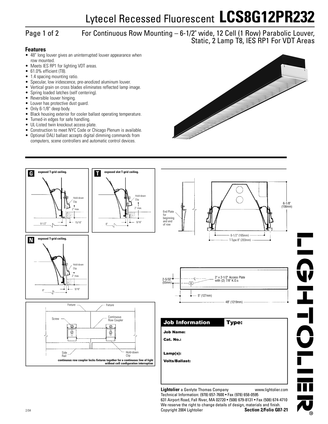 Lightolier manual Lytecel Recessed Fluorescent LCS8G12PR232, Features 