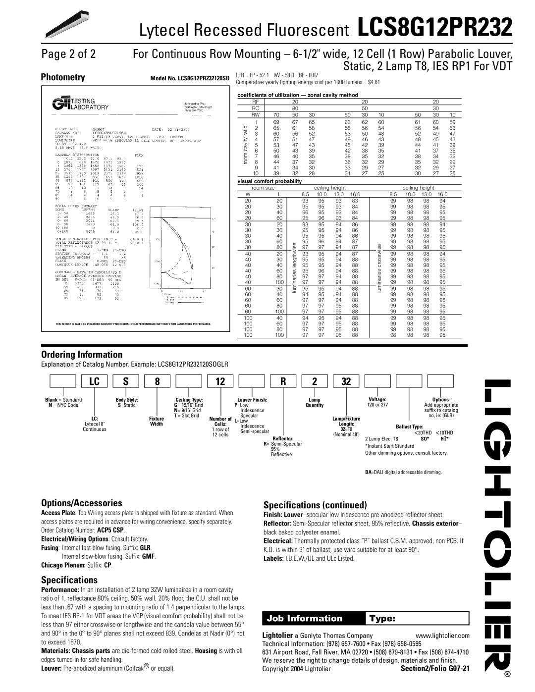 Lightolier LCS8G12PR232 manual Photometry, Ordering Information, Options/Accessories, Specifications 