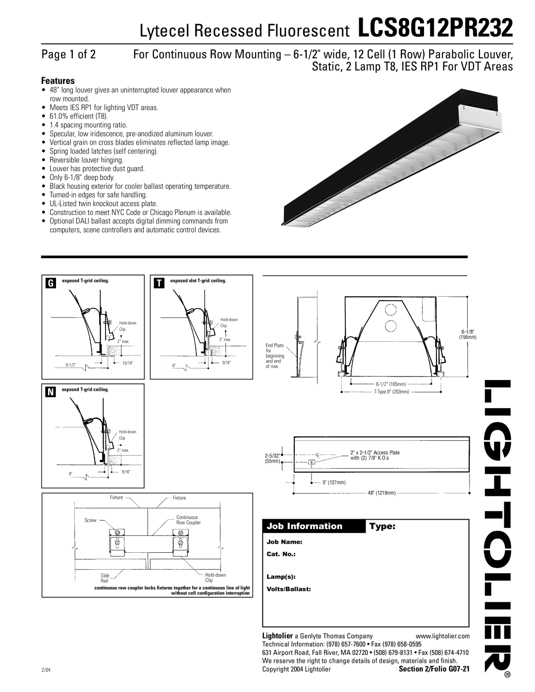 Lightolier manual Features, Job Information, Type, Lytecel Recessed Fluorescent LCS8G12PR232 