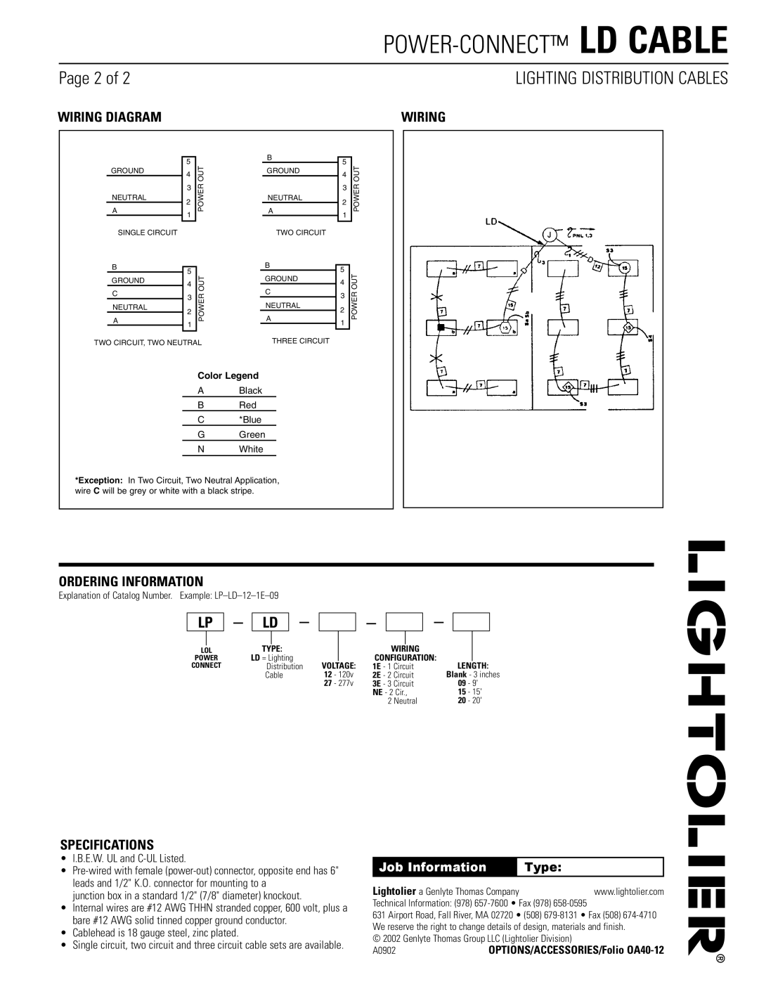 Lightolier LD Cable dimensions Wiring Diagram, Ordering Information, Specifications, Job Information 