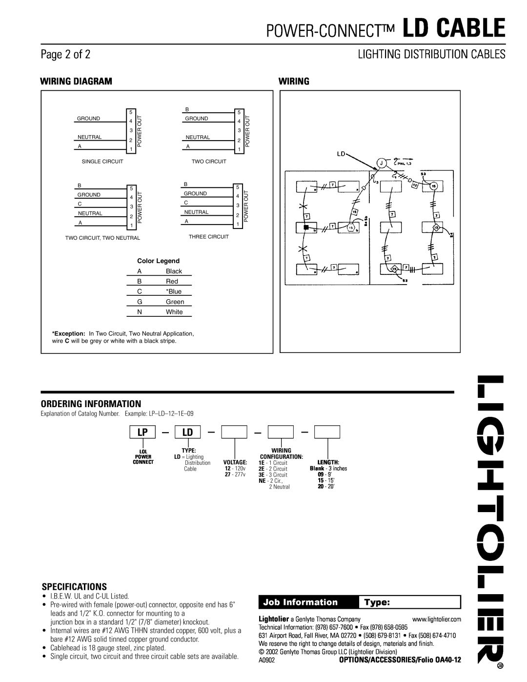 Lightolier LD Cable Page 2 of, Lighting Distribution Cables, Wiring Diagram, Ordering Information, Specifications, Type 