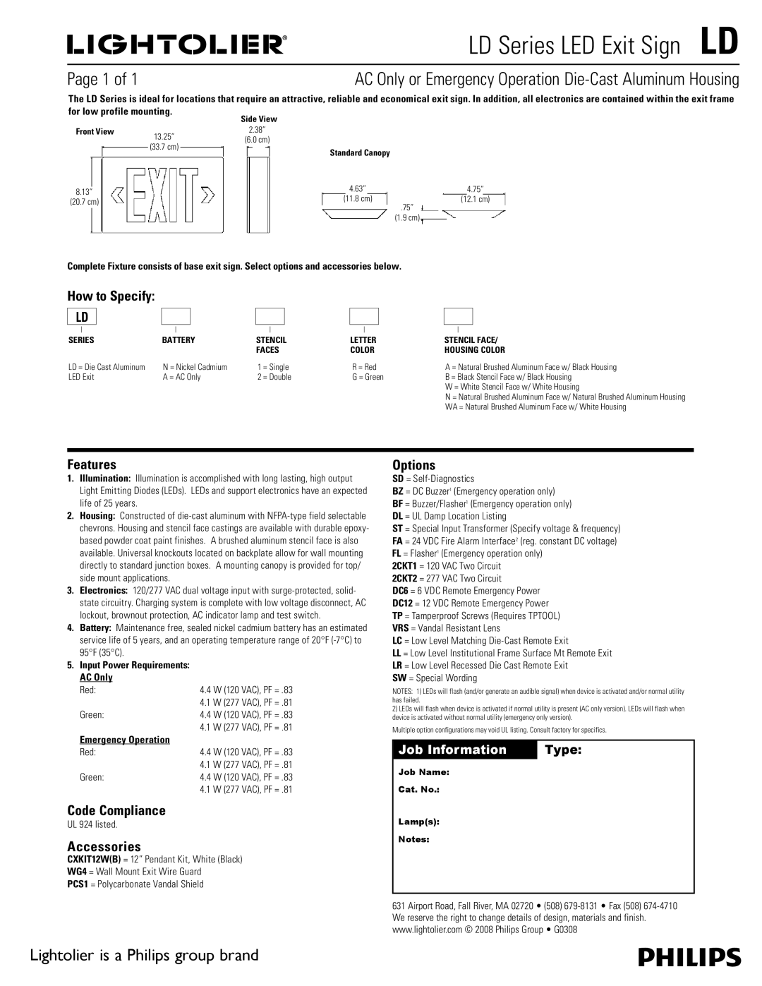 Lightolier LD Series manual AC Only or Emergency Operation Die-Cast Aluminum Housing, Lightolier is a Philips group brand 