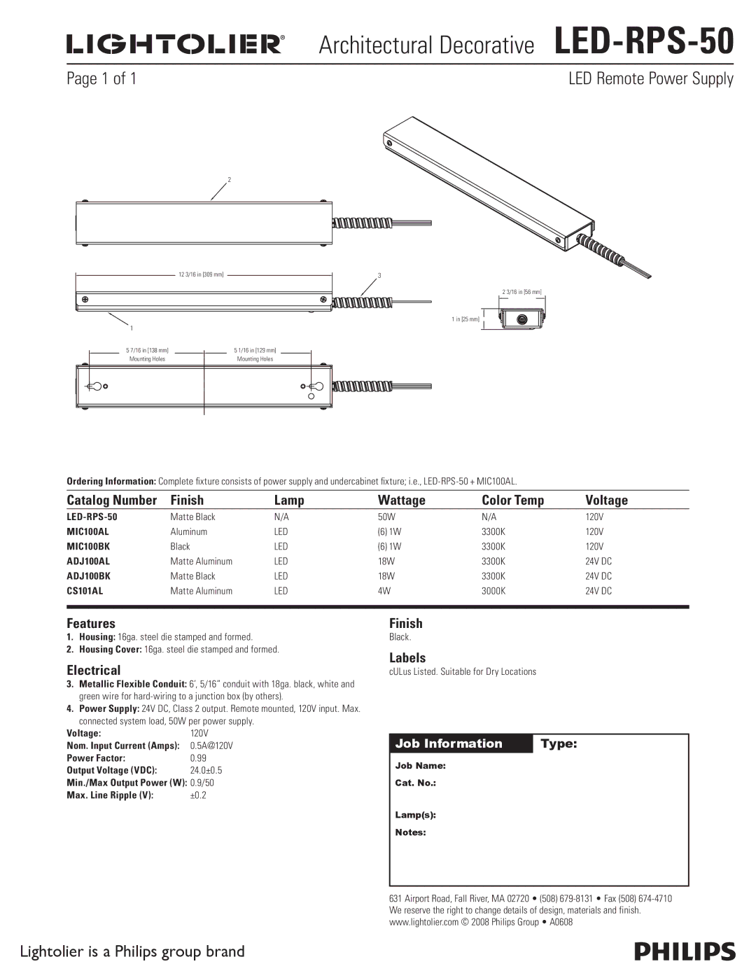 Lightolier manual Architectural Decorative LED-RPS-50, LED Remote Power Supply, Lightolier is a Philips group brand 