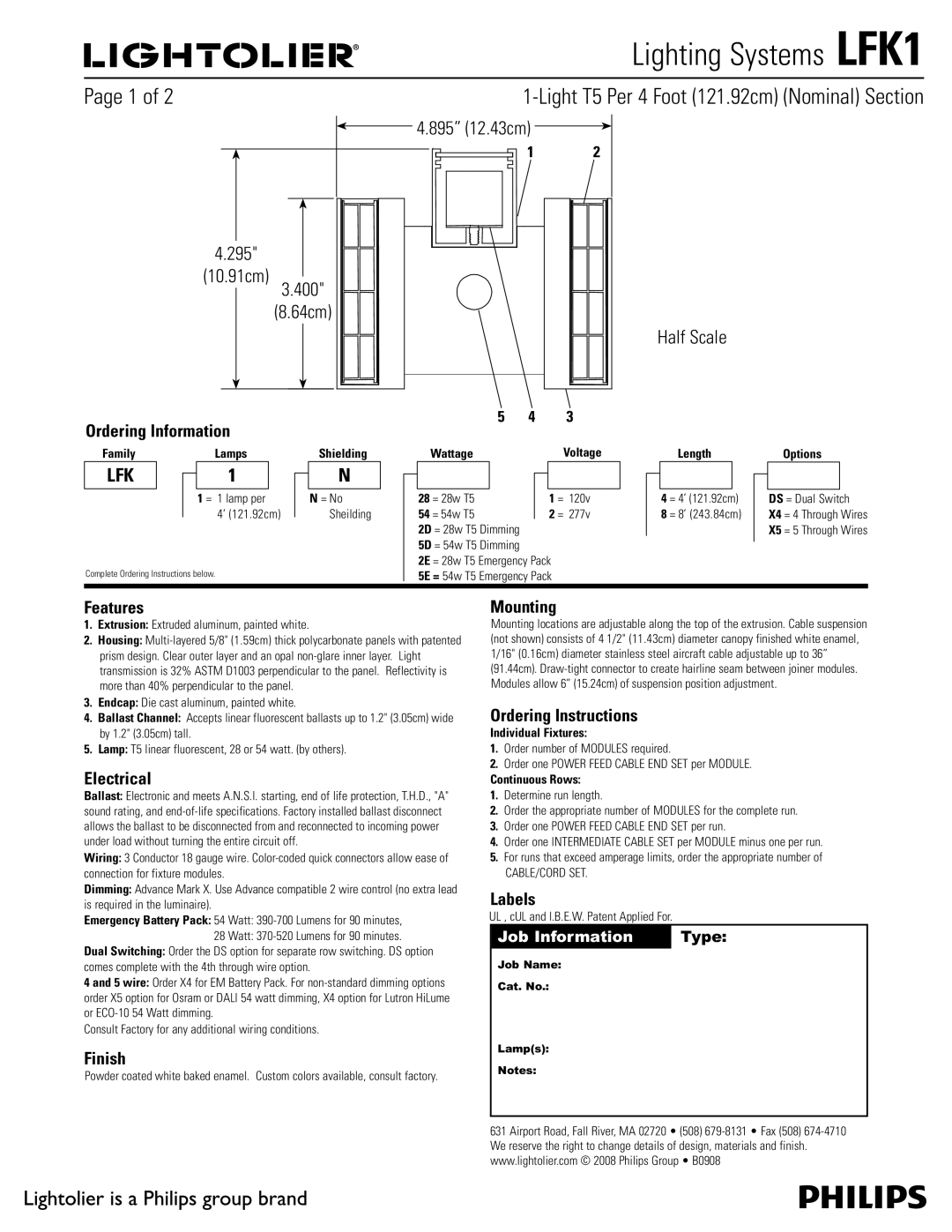 Lightolier LFK1 specifications Ordering Information, Features, Electrical, Finish, Mounting, Ordering Instructions, Labels 