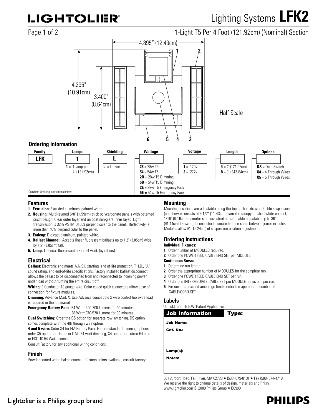 Lightolier LFK2 specifications Ordering Information, Features, Electrical, Finish, Mounting, Ordering Instructions, Labels 