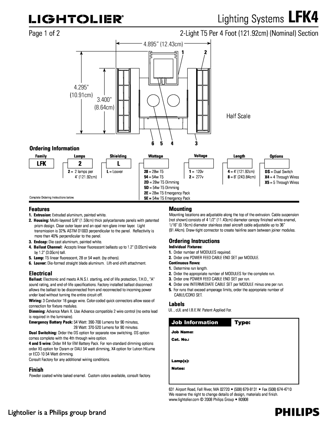 Lightolier specifications Lighting Systems LFK4, 1BHFPG, Job Information, Type, 4.295, 4.895” 12.43cm, 3.400 