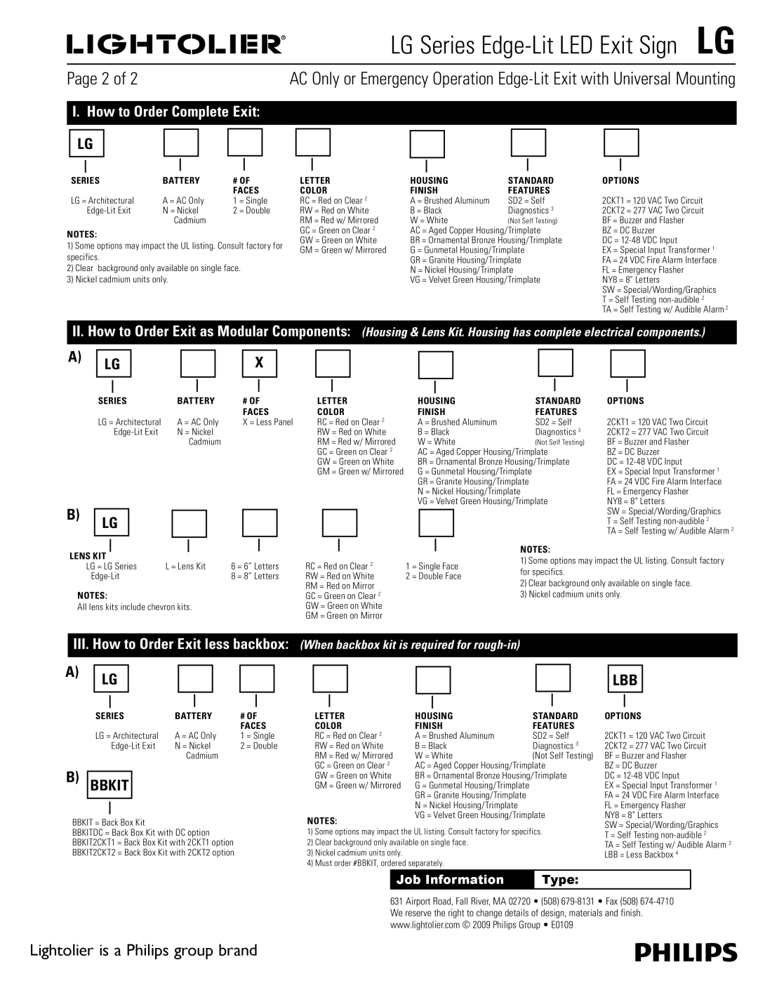 Lightolier LG Series warranty Series Battery Faces, Letter Housing Standard Options Color Finish Features, Letter Color 