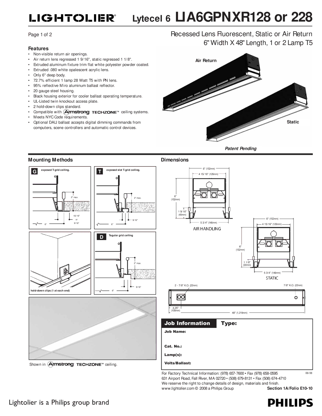 Lightolier LIA6GPNXR228, LIA6GPNXR128 dimensions Features, Mounting Methods, Dimensions 