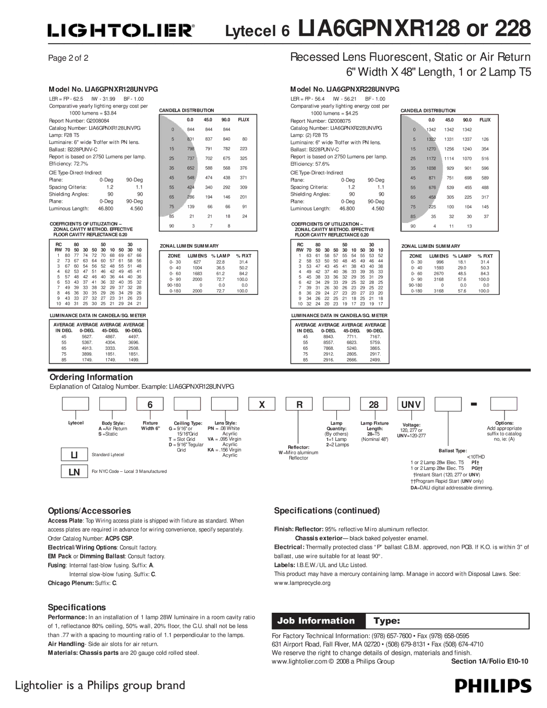 Lightolier LIA6GPNXR128, LIA6GPNXR228 dimensions Ordering Information, Options/Accessories, Specifications 