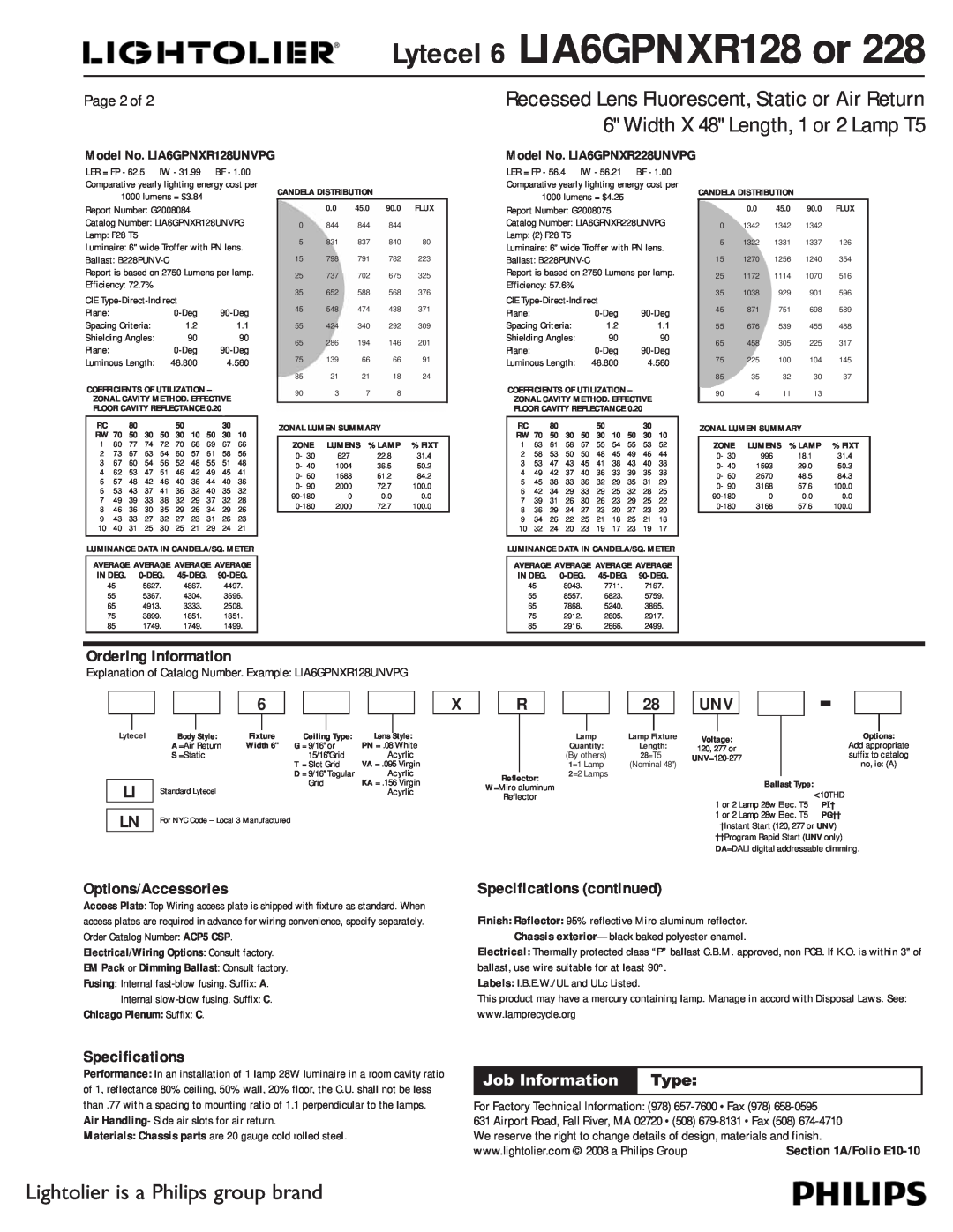 Lightolier LIA6GPNXR128 Ordering Information, Options/Accessories, Specifications continued, Page 2 of, A/Folio E10-10 