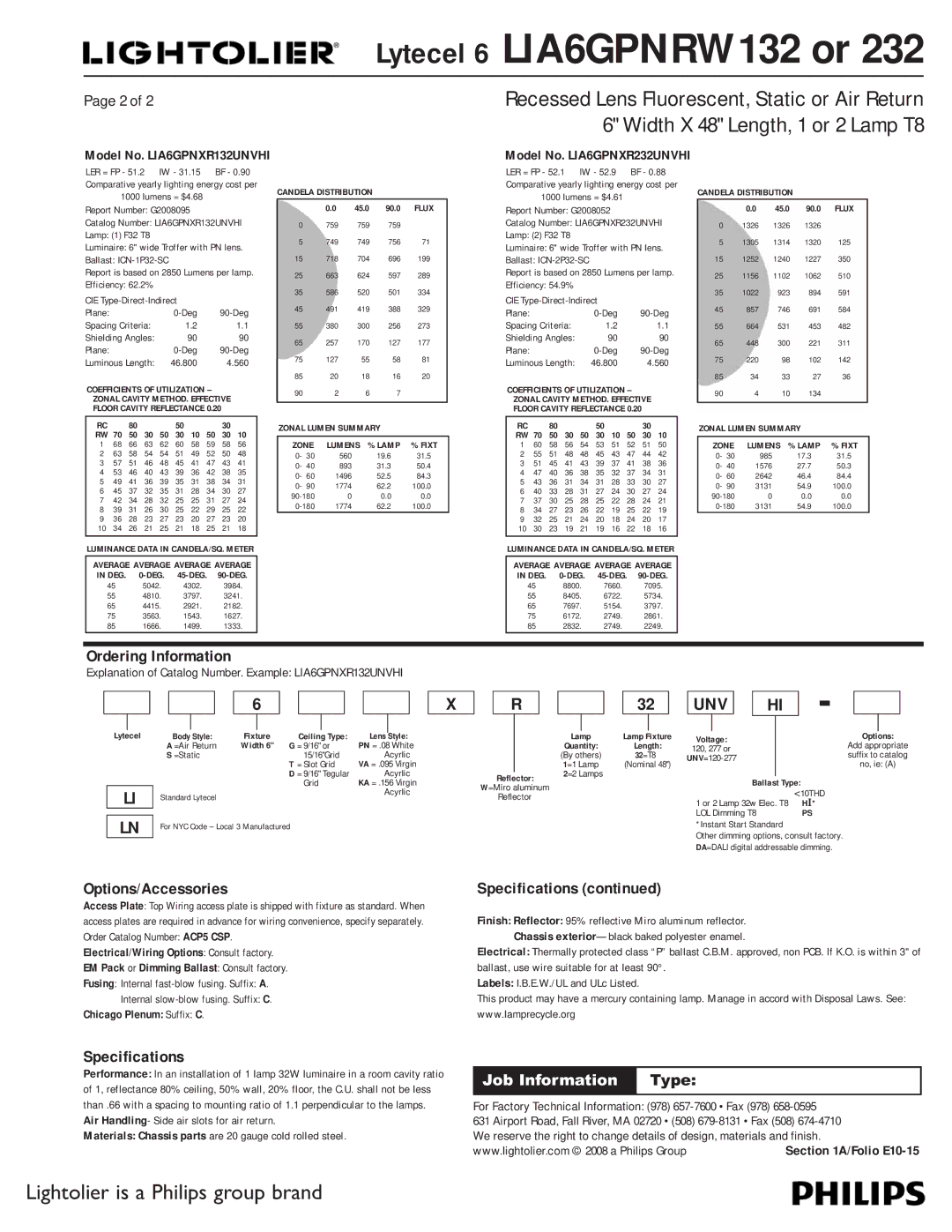 Lightolier LIA6GPNXR232, LIA6GPNXR132 Lytecel 6 LIA6GPNRW132 or, Ordering Information, Options/Accessories, Specifications 