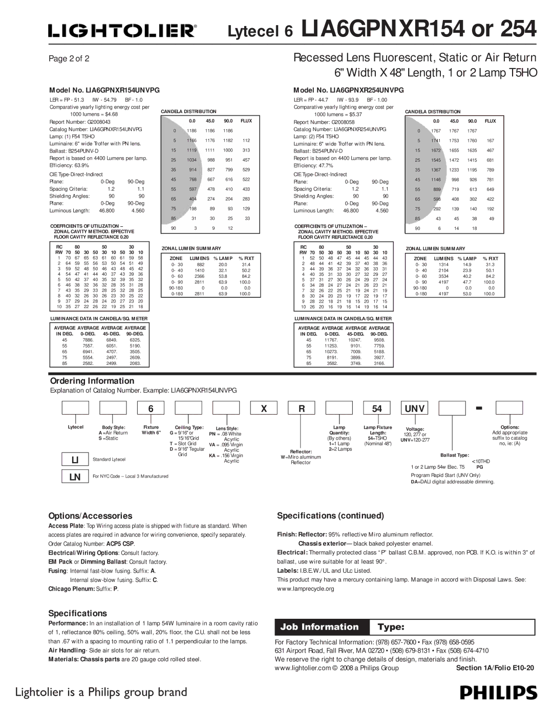 Lightolier LIA6GPNXR254, LIA6GPNXR154 dimensions Ordering Information, Options/Accessories, Specifications 