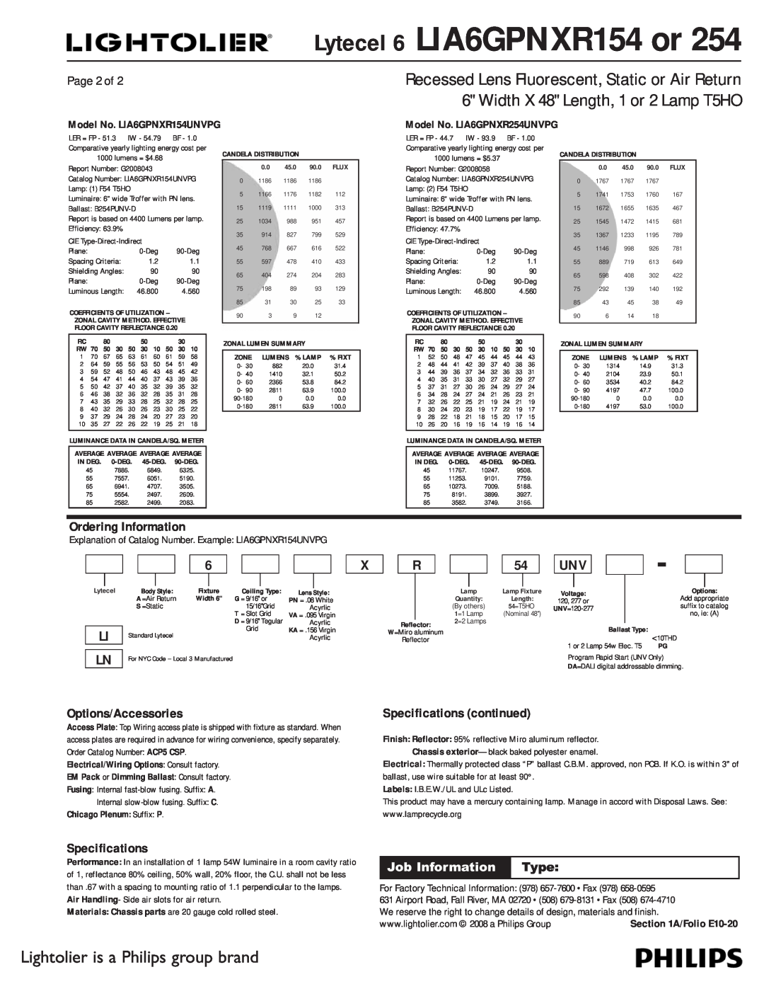 Lightolier LIA6GPNXR254 Ordering Information, Options/Accessories, Specifications continued, Page 2 of, A/Folio E10-20 