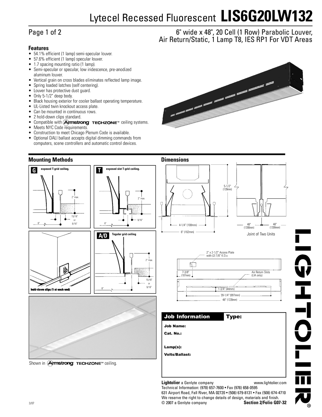 Lightolier LIS6G20LW132 dimensions Features, Mounting Methods, Dimensions 