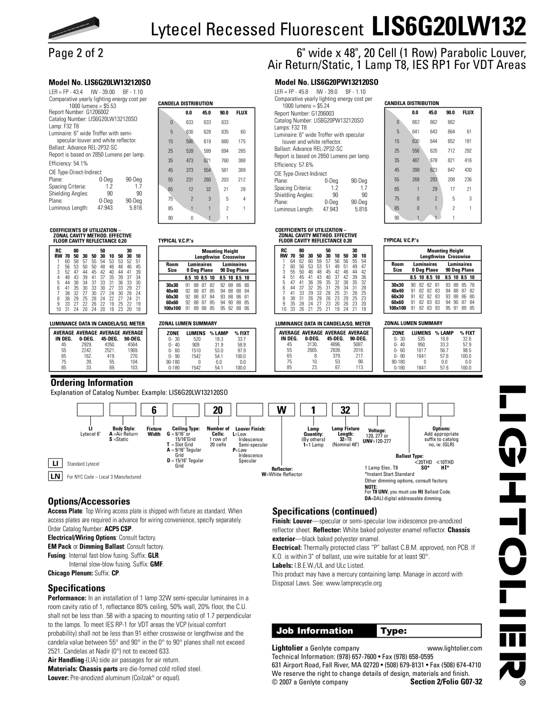 Lightolier LIS6G20LW132 dimensions Ordering Information, Options/Accessories, Specifications 