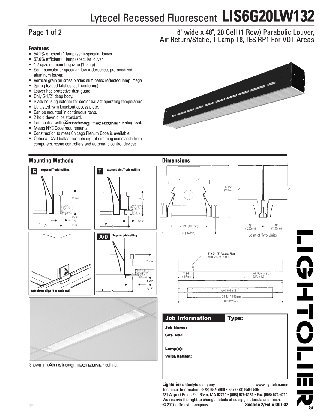 Lightolier dimensions Lytecel Recessed Fluorescent LIS6G20LW132, Page 1 of, Features, Mounting Methods, Dimensions 