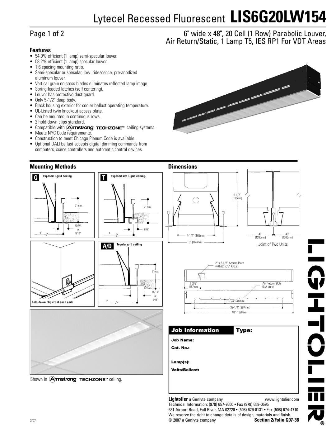 Lightolier LIS6G20LW154 dimensions Features, Mounting Methods, Dimensions 