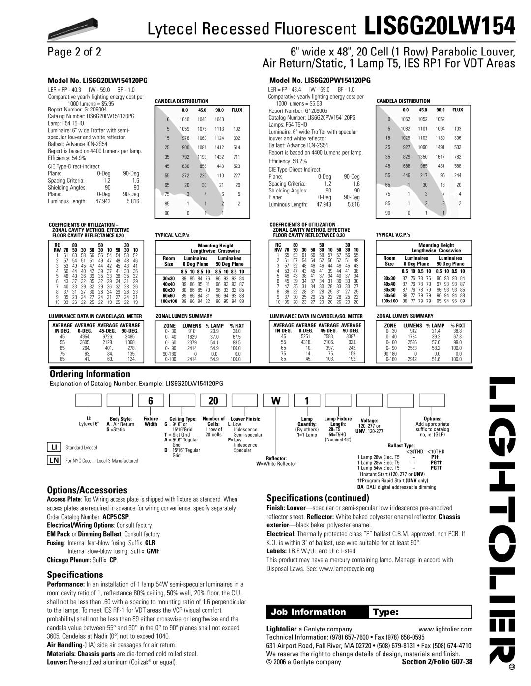 Lightolier LIS6G20LW154 dimensions Ordering Information, Options/Accessories, Specifications 