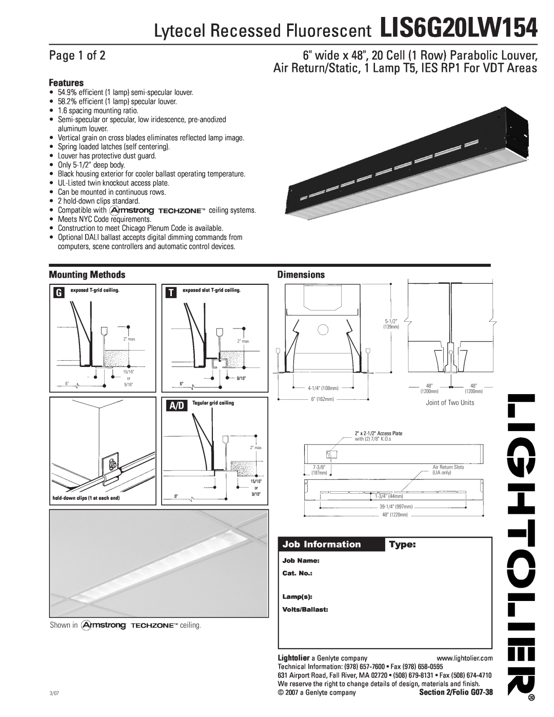Lightolier dimensions Lytecel Recessed Fluorescent LIS6G20LW154, Page 1 of, Features, Mounting Methods, Dimensions 