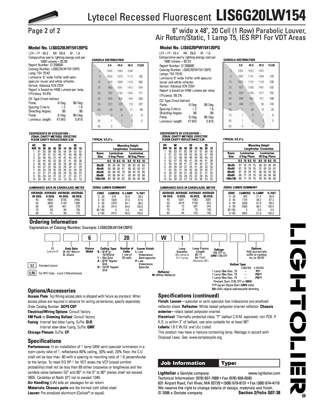 Lightolier LIS6G20LW154 Page 2 of, Ordering Information, Options/Accessories, Specifications continued, Job Information 